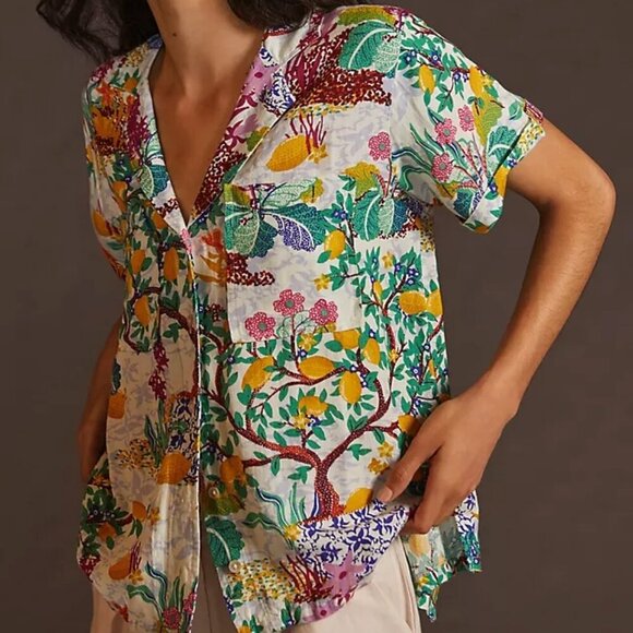 Anthropologie Tops - Anthropologie maeve women XS classic surf lemon linen blend short sleeve shirt.